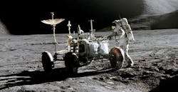 Astronaut James B. Irwin works on the LRV during the Apollo 15 mission at the at the Hadley-Apennine landing site. The shadow of the Falcon, the lunar module, is in the foreground. This view looks northeast with Mount Hadley in the background. Astronaut James B. Irwin works on the LRV during the Apollo 15 mission at the at the Hadley-Apennine landing site. The shadow of the Falcon, the lunar module, is in the foreground. This view looks northeast with Mount Hadley in the background.