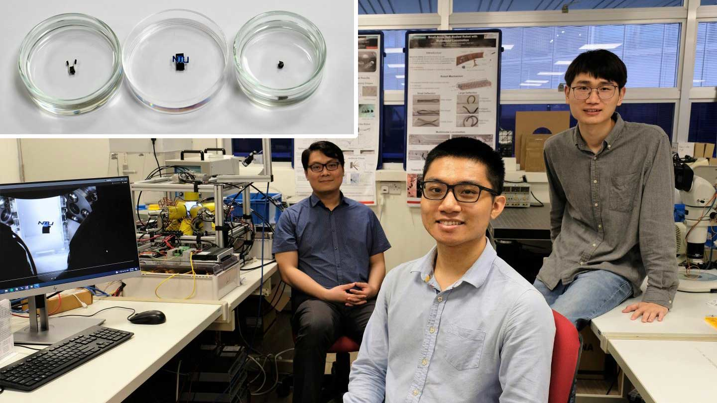 Lum Guo Zhan, Yang Zilin and Xu Changyu, with inset photo of robot