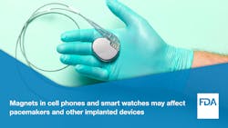 New research findings verify the FDA's recommendation for patients with implanted medical devices to keep their smartphones and watches at least 6 in. away to avoid interference with implanted medical devices. New research findings verify the FDA's recommendation for patients with implanted medical devices to keep their smartphones and watches at least 6 in. away to avoid interference with implanted medical devices.