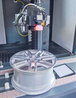 A laser system for processing a car wheel can be designed to include optical part recognition, automatic conveying, laser processing and checking quality. A laser system for processing a car wheel can be designed to include optical part recognition, automatic conveying, laser processing and checking quality.