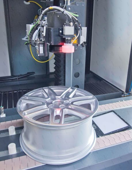 A laser system for processing a car wheel can be designed to include optical part recognition, automatic conveying, laser processing and checking quality.