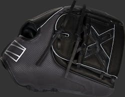 The pitcher’s version of the new glove keeps the ball and pitcher’s grip hidden from sharp-eyed hitters and opposing team‘s spotters. The pitcher’s version of the new glove keeps the ball and pitcher’s grip hidden from sharp-eyed hitters and opposing team‘s spotters.
