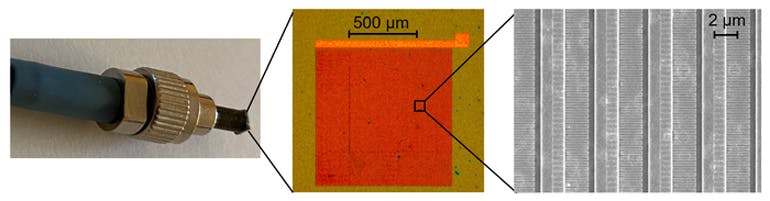 Photograph, microscopy and scanning electron microscopy images of a fabricated nanoantenna array placed at the tip of a fiber for optical-to-terahertz wavelength conversion.
