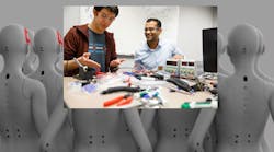 Gregory Mendez Weeks and Isuru Godage superimposed over background image of robots Gregory Mendez Weeks and Isuru Godage superimposed over background image of robots