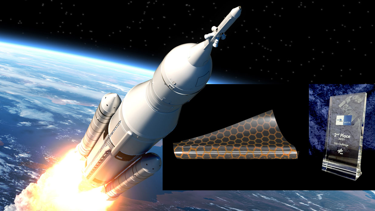 Collage of rocket, sensor film and trophy