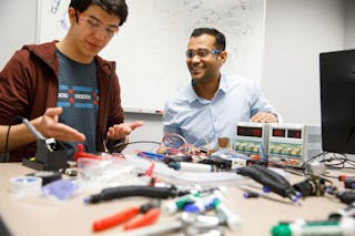 Gregory Mendez Weeks (left), a 2019 DePaul University graduate, works with Isuru Godage, an assistant professor in DePaul&rsquo;s College of Computing and Digital Media, in 2018. Godage was recently awarded a Faculty Early CAREER Development grant to develop the next generation of soft robot design.