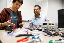Gregory Mendez Weeks (left), a 2019 DePaul University graduate, works with Isuru Godage, an assistant professor in DePaul’s College of Computing and Digital Media, in 2018. Godage was recently awarded a Faculty Early CAREER Development grant to develop the next generation of soft robot design. Gregory Mendez Weeks (left), a 2019 DePaul University graduate, works with Isuru Godage, an assistant professor in DePaul’s College of Computing and Digital Media, in 2018. Godage was recently awarded a Faculty Early CAREER Development grant to develop the next generation of soft robot design.