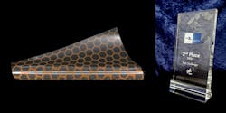Model of the sensor film for measuring the material load of air and space vehicles in flight. On the right, the trophy with which this idea was awarded. Model of the sensor film for measuring the material load of air and space vehicles in flight. On the right, the trophy with which this idea was awarded.