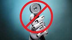 Robot`s hand holding a stethoscope, crossed out