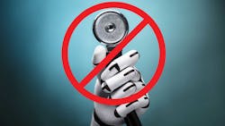 Robot`s hand holding a stethoscope, crossed out Robot`s hand holding a stethoscope, crossed out
