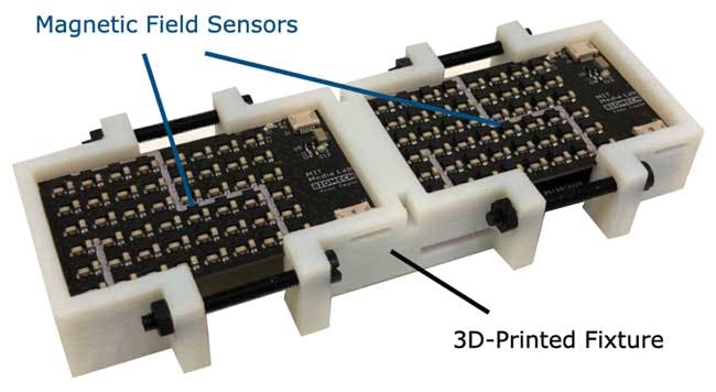 2. Magnetic-field sensing array: Two 6 &times; 8 magnetic-field sensor grids with sensors at a 4.83-mm pitch were custom designed and held together using a 3D-printed fixture and nylon nuts and bolts.