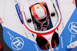 Closeup of Mahindra Formula E racecar driver Closeup of Mahindra Formula E racecar driver