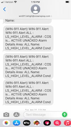 Screenshot of SMS text notification that, when used with WIN-911 Advanced, allows for acknowledgement back to the GE iFIX SCADA system.