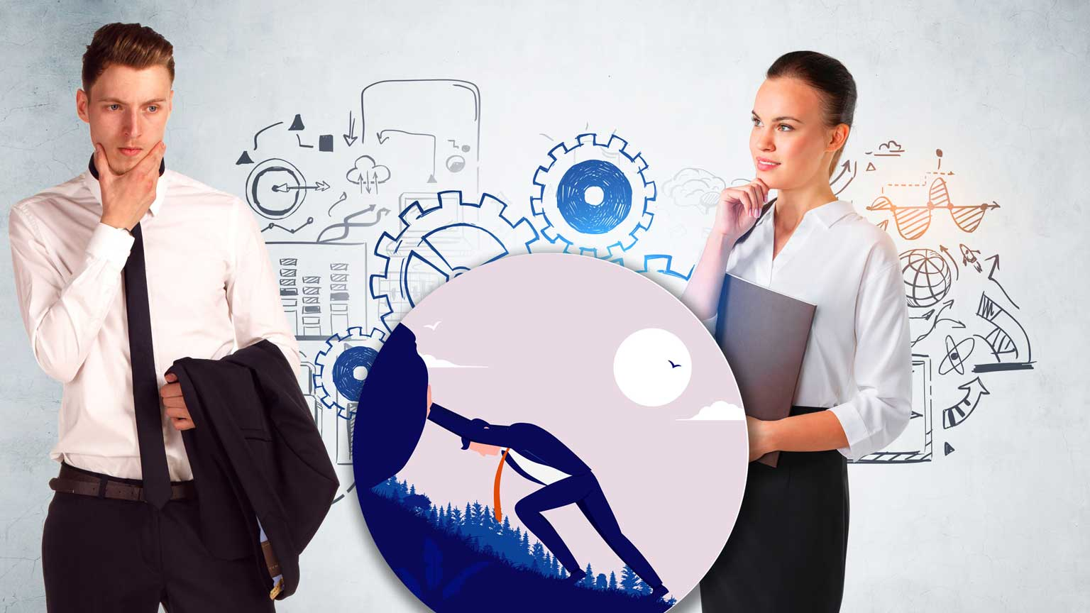 Engineers standing in front of gears sketch, with Part 1 graphic