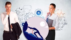 Engineers standing in front of gears sketch, with Part 1 graphic Engineers standing in front of gears sketch, with Part 1 graphic