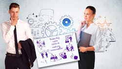 Engineers standing in front of gears sketch, with Part 3 graphic Engineers standing in front of gears sketch, with Part 3 graphic