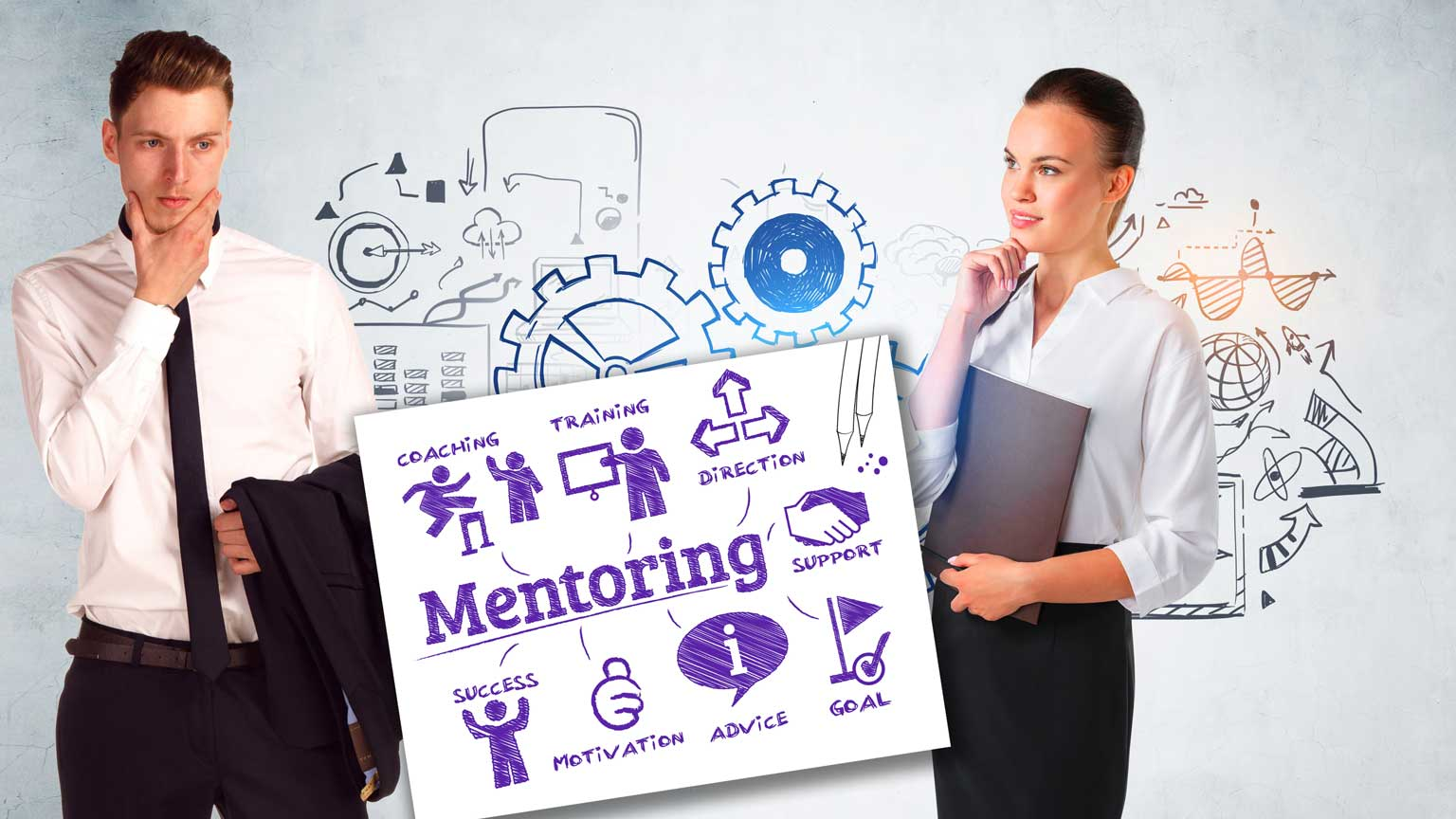 Engineers standing in front of gears sketch, with Part 4 graphic