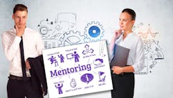 Engineers standing in front of gears sketch, with Part 4 graphic Engineers standing in front of gears sketch, with Part 4 graphic