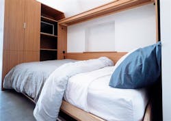 RV manufacturers can create flexible workspaces by incorporating fold-out desks into beds that swing up into wall panels when not in use or when the vehicle is in motion. RV manufacturers can create flexible workspaces by incorporating fold-out desks into beds that swing up into wall panels when not in use or when the vehicle is in motion.
