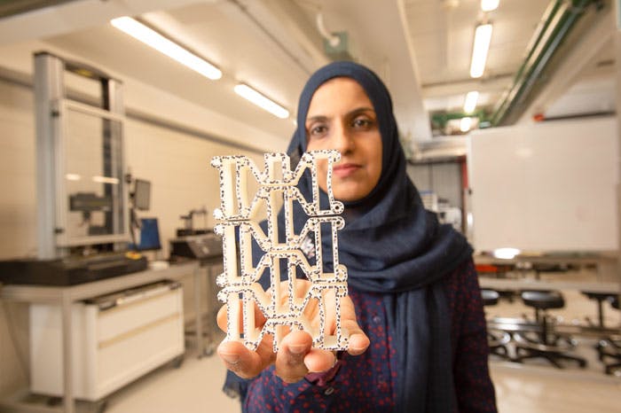 Dr. Tatheer Zahra was inspired by a material used in running shoes and memory foam pillows to design a 3D-printed product that could help protect buildings from collision damage and other high-impact forces.