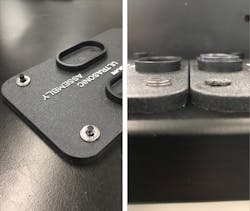 Before-and-after views show the flexibility of dynamic mode in staking a pair of metal washers onto posts. The after photo (at right) shows that by using the same recipe or setting within dynamic mode, the GSX-E1 welder delivered a consistent weld result (post height) even though the application setup is different based on the number of metal washers being staked. This is not possible using an alternative weld mode (right). Dynamic mode produced better results because stored material density and reactivity information let it detect stake completion and dynamically shut the weld down early. Before-and-after views show the flexibility of dynamic mode in staking a pair of metal washers onto posts. The after photo (at right) shows that by using the same recipe or setting within dynamic mode, the GSX-E1 welder delivered a consistent weld result (post height) even though the application setup is different based on the number of metal washers being staked. This is not possible using an alternative weld mode (right). Dynamic mode produced better results because stored material density and reactivity information let it detect stake completion and dynamically shut the weld down early.