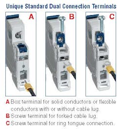 The above illustration shows the three unique standard dual connection terminals available on the series UL489 circuit breaker.