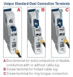 The above illustration shows the three unique standard dual connection terminals available on the series UL489 circuit breaker. The above illustration shows the three unique standard dual connection terminals available on the series UL489 circuit breaker.