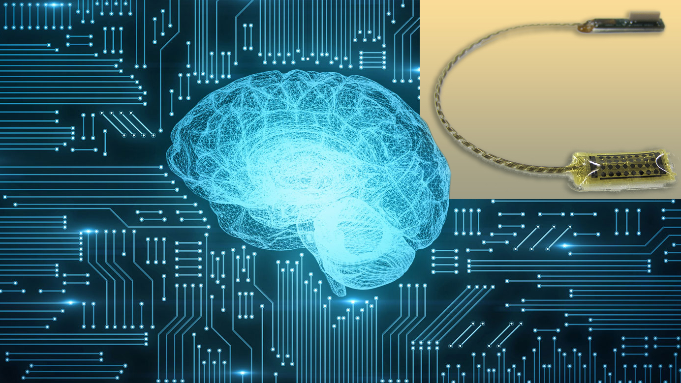 Microelectrode supeimposed over image of a brain