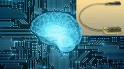 Microelectrode supeimposed over image of a brain