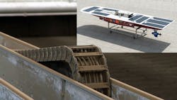 Solar tracker bearings, with inset photo of solar-powered boat Solar tracker bearings, with inset photo of solar-powered boat