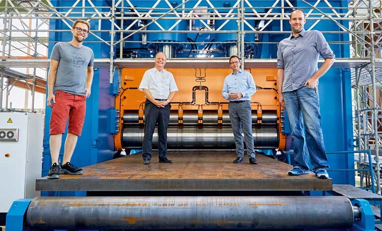 For the steel plates, which are up to 120 mm thick, the project experts are far from a heavy load (from left): Patrick Stadler, deputy head of the electrical department at Haeusler; Peter Reinstadler of Beckhoff Switzerland; Haeusler CEO J&uuml;rgen Freund; and Benjamin Schaeuble, head of the mechanical department at Haeusler.