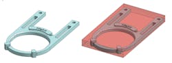 An early design for a CNC-machined crucible clip (left) and the bounding box of the Inconel 625 sheet stock from which it would have to be cut (right). Note the large amount of extra material that must be removed to create the clip.