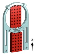 A clip orientated for DMLS production shows the supports needed during the 3D printing process in red. A clip orientated for DMLS production shows the supports needed during the 3D printing process in red.