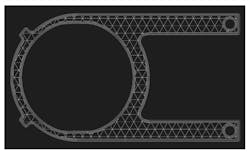 A screenshot from Eiger slicing software shows the sparse triangular infill structure within the crucible clip printed using FFF. A screenshot from Eiger slicing software shows the sparse triangular infill structure within the crucible clip printed using FFF.