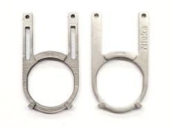 The crucible clip 3D printed using DMLS (left) and FFF (right). The crucible clip 3D printed using DMLS (left) and FFF (right).