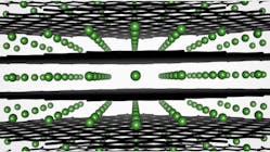 This illustration shows intercalation of lithium ions (green) in a graphite anode.