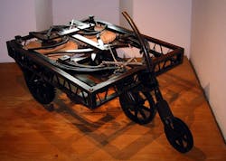 This cart, which was designed but never built by Leonardo Da Vinci in the 1600s, is powered by coiled springs and can be steered and braked. Historians concluded it was designed for use in theaters. This cart, which was designed but never built by Leonardo Da Vinci in the 1600s, is powered by coiled springs and can be steered and braked. Historians concluded it was designed for use in theaters.