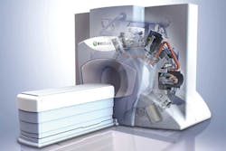A machine for imaging, diagnosing, and treating cancer resembles an MRI machine, with patients being slid into a large toroid for treatment. This transparent view shows the circular gantry that positions the dosing and sensing elements. A machine for imaging, diagnosing, and treating cancer resembles an MRI machine, with patients being slid into a large toroid for treatment. This transparent view shows the circular gantry that positions the dosing and sensing elements.