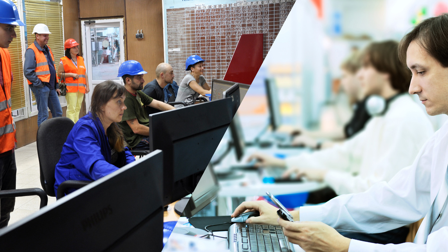 Split screen of workers from different teams