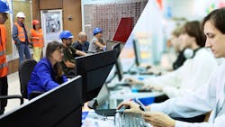 Split screen of workers from different teams Split screen of workers from different teams