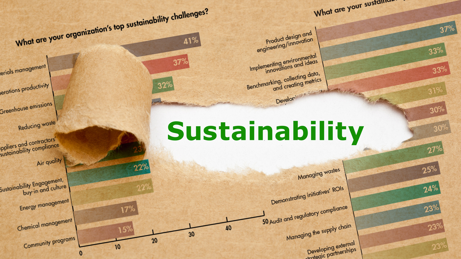 Image of survey with tear revealing the word 'Sustainability'