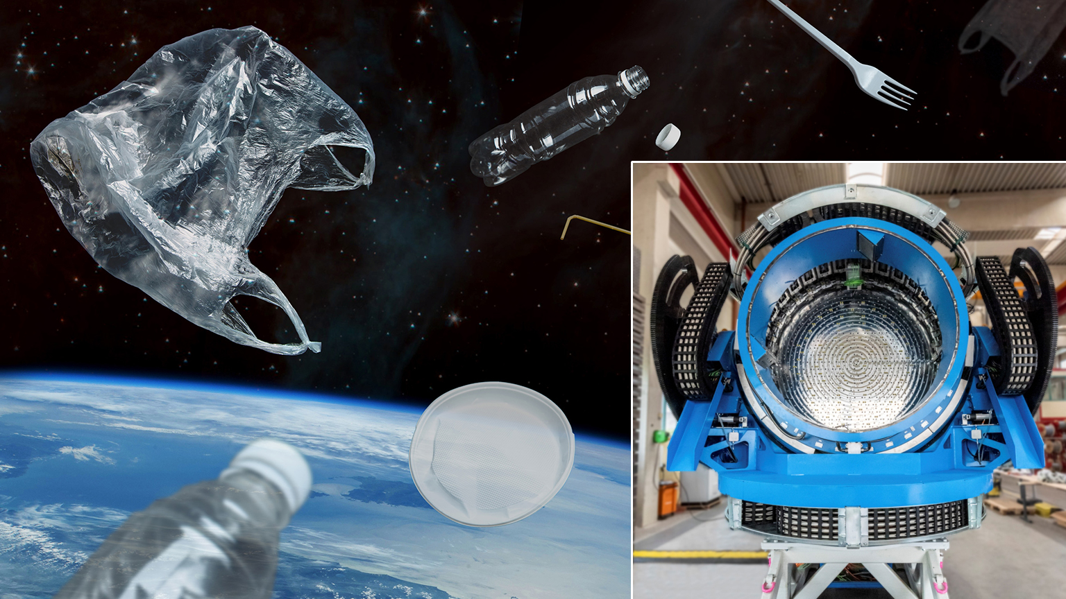 Gimballed Antenna Plate Photo Superimposed Over Image Of Space Debris