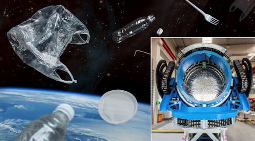 Gimballed antenna plate photo superimposed over image of space debris.