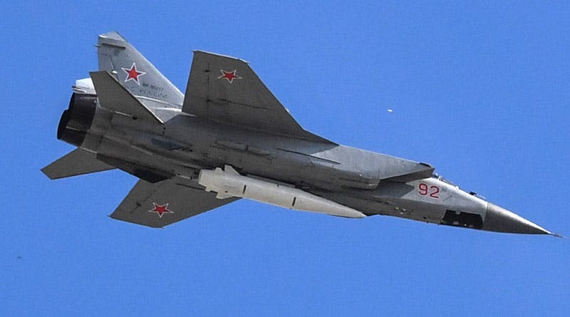 The air-to-surface hypersonic Kinzahl missile can be carried by the MiG-31K Foxhound (shown) and the Tu-22M3 supersonic Backfire bomber.