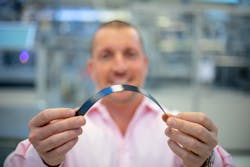 Giovanni Fili, CEO and founder of Exeger, demonstrates the flexibility of a Powerfoyle strip. Giovanni Fili, CEO and founder of Exeger, demonstrates the flexibility of a Powerfoyle strip.