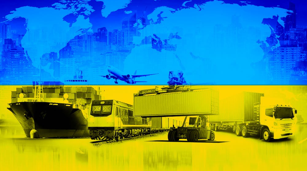 Global business logistics over Ukraine flag background