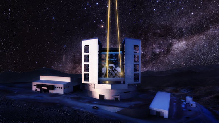 Exterior rendering of the Giant Magellan Telescope with lasers in use at night.