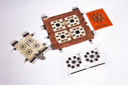 Two fabricated proof-of-concept flexible tiles are shown alongside two inkjet-printed tile arrays. Two fabricated proof-of-concept flexible tiles are shown alongside two inkjet-printed tile arrays.