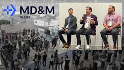 Trade show floor with MD&M West logo and inset photo of AM panel Trade show floor with MD&M West logo and inset photo of AM panel