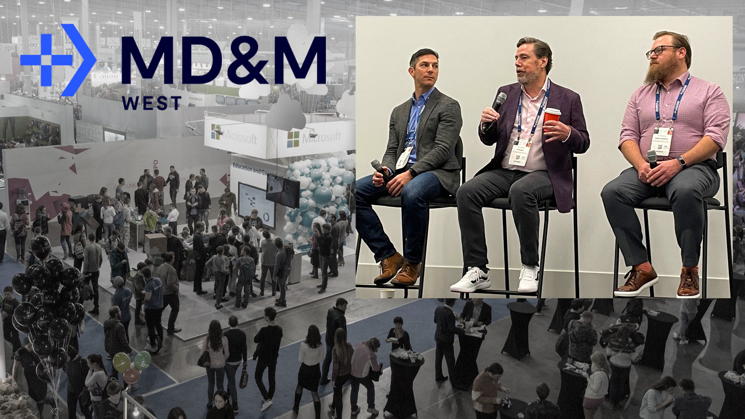 Trade show floor with MD&M West logo and inset photo of AM panel